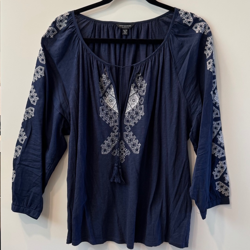 Navy Blue and White Embroidered Lucky Brand 3/4 Sleeve Tunic XL
